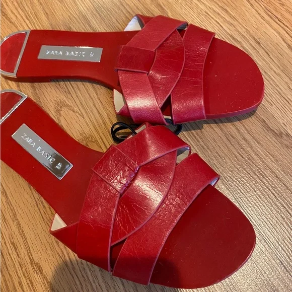 Zara Genuine Leather Red Crossover Slide Sandal Slipper Flat Shoes 37 / 6.5 NWT - Picture 9 of 13